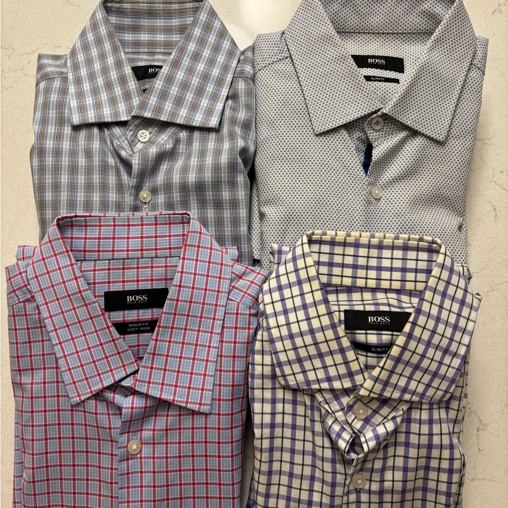 Lot of 4 BOSS Men's Checkered and Solid Shirts - Multi-Color